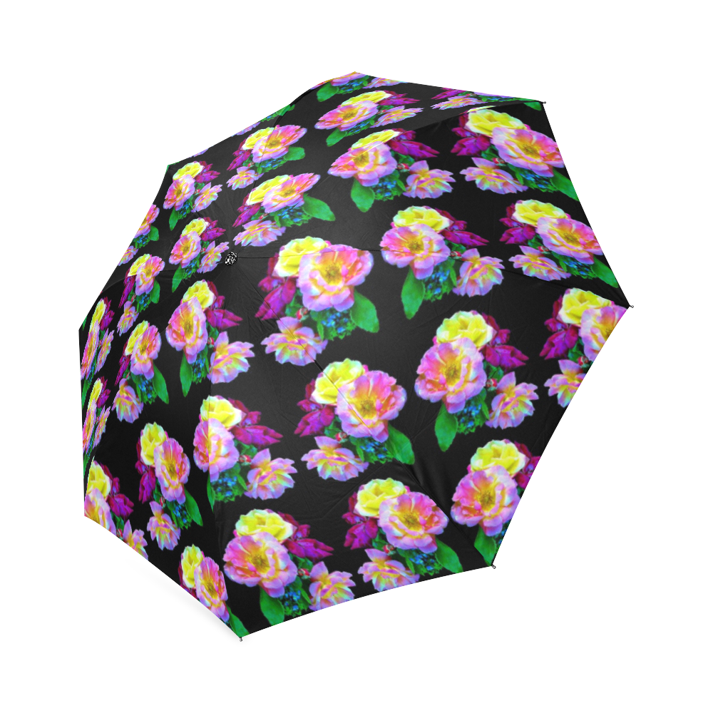 Rosa Yellow Roses on Black Pattern Foldable Umbrella (Model U01)