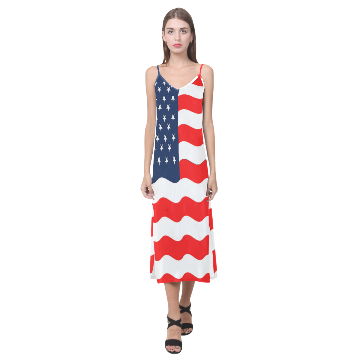 Wavy American Flag V-Neck Open Fork Long Dress(Model D18) | ID: D916322