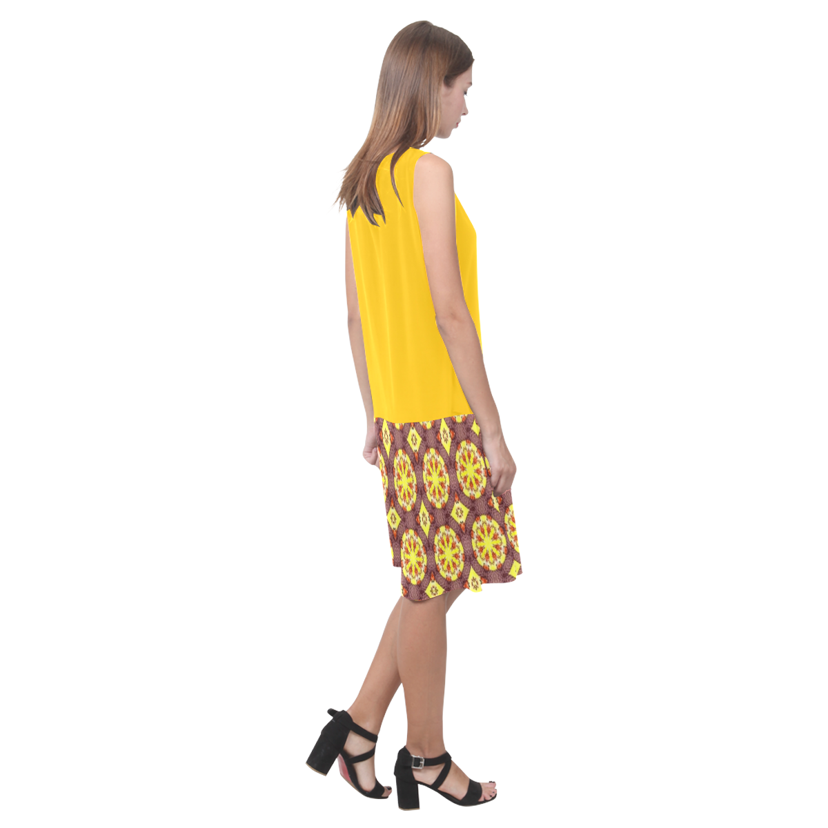 Yellow and Yellow Brown Abstract Sleeveless Splicing Shift Dress(Model D17)