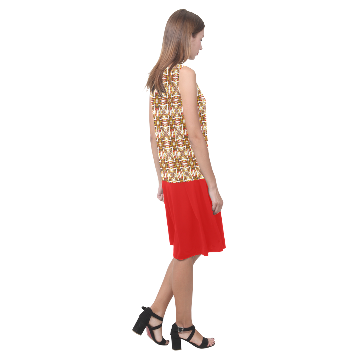 Topaz Geometric Pattern and Red Sleeveless Splicing Shift Dress(Model D17)