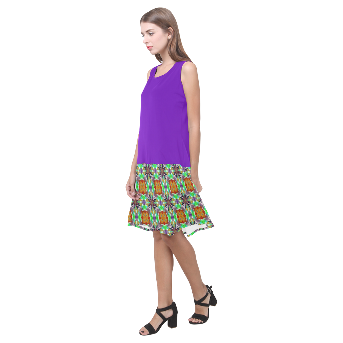 Purple Topaz and Green Sleeveless Splicing Shift Dress(Model D17)