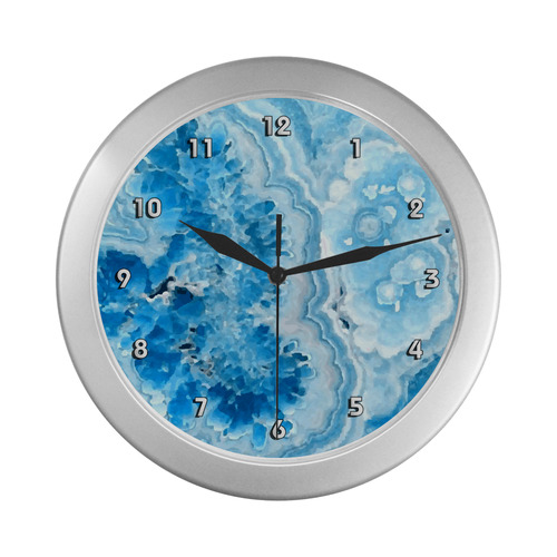 Blue Aqua Geode Nature Fine Art Silver Color Wall Clock