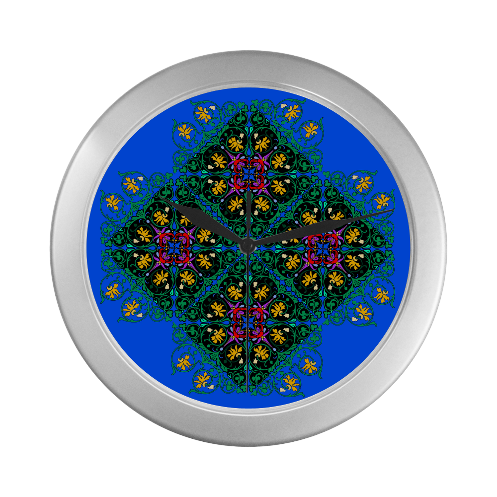Colorful Floral Diamond Squares on Blue Silver Color Wall Clock