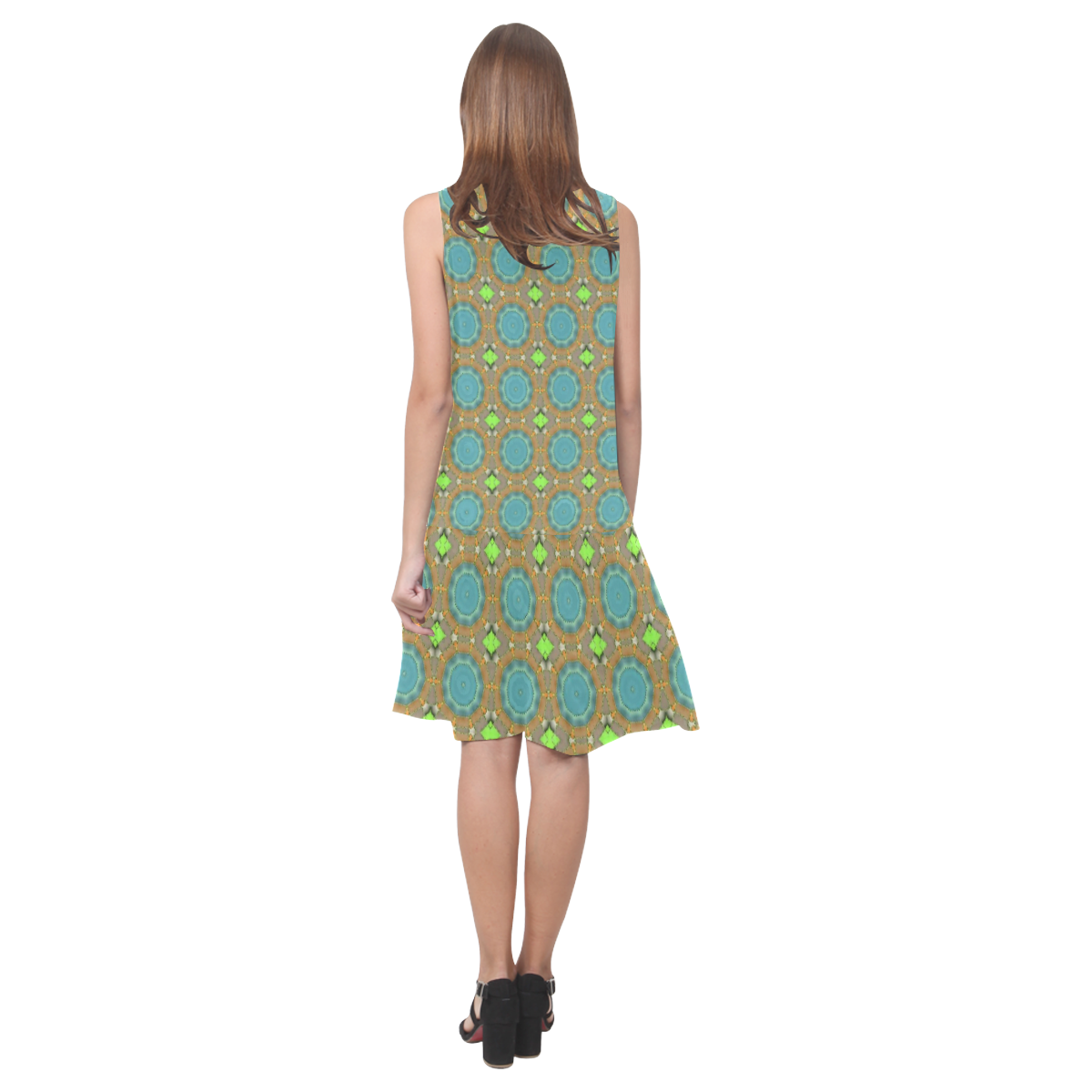 Amber and Teal Abstract Sleeveless Splicing Shift Dress(Model D17)