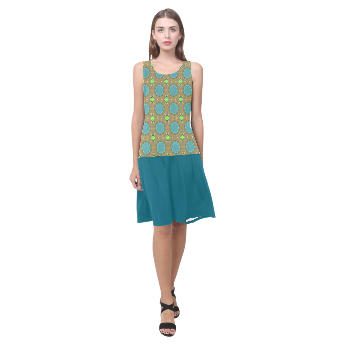 Amber Teal and Ocean Depths Sleeveless Splicing Shift Dress(Model D17)