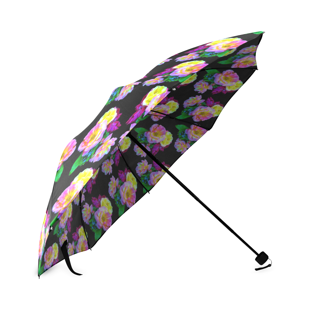 Rosa Yellow Roses on Black Pattern Foldable Umbrella (Model U01)