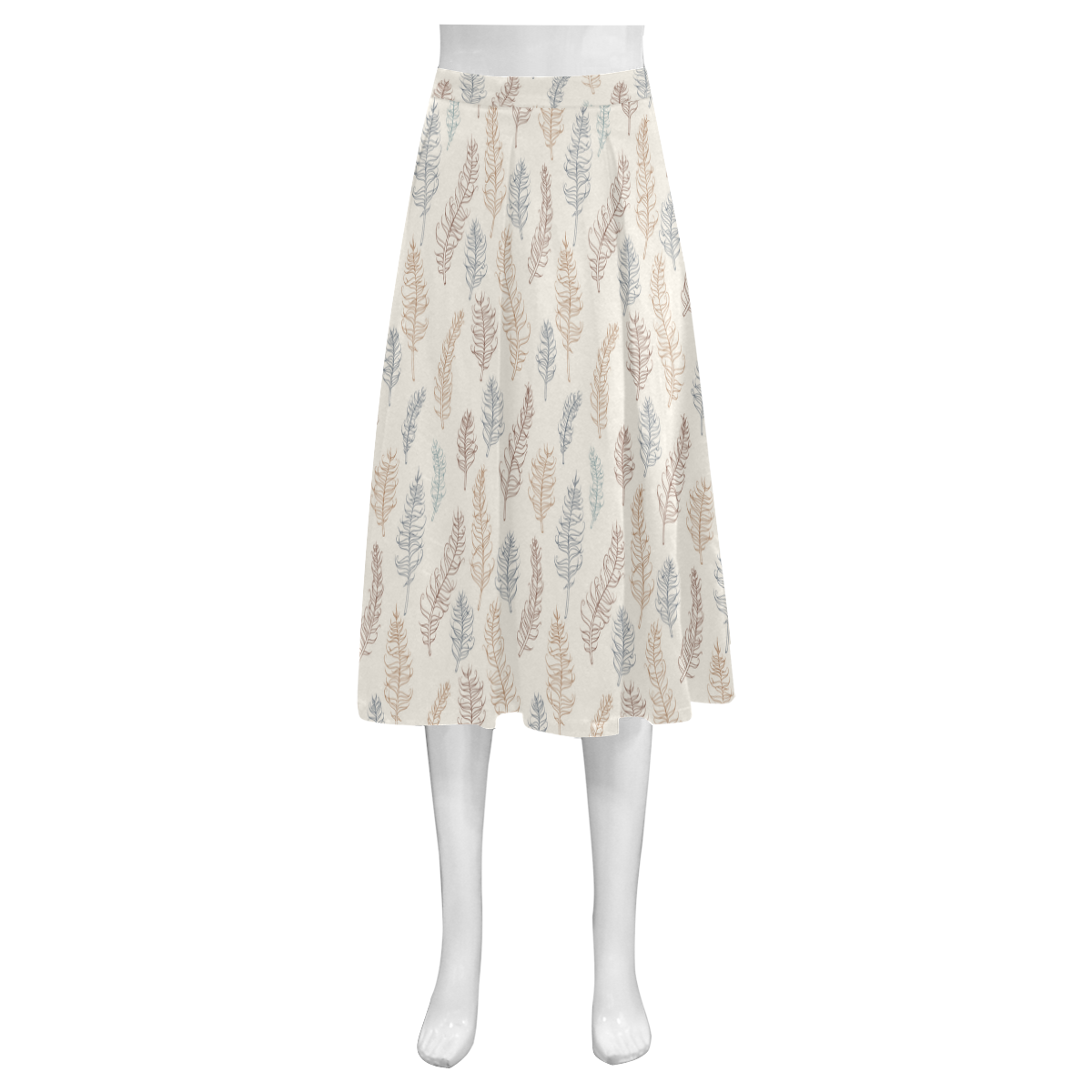 natural brown blue whimsical feather leaves patter Mnemosyne Women's Crepe Skirt (Model D16)