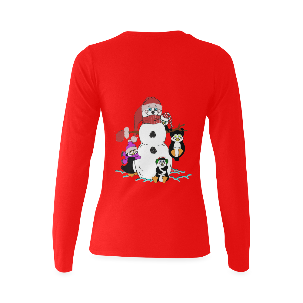 Christmas Snowman And Penguins Red Sunny Women's T-shirt (long-sleeve) (Model T07)