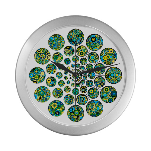 Flower Power CIRCLE Dots in Dots cyan yellow black Silver Color Wall Clock