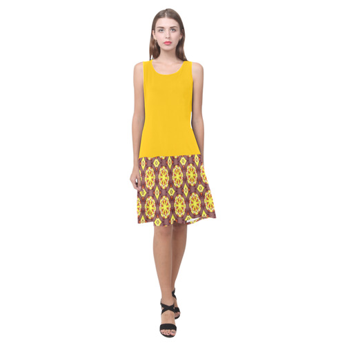 Yellow and Yellow Brown Abstract Sleeveless Splicing Shift Dress(Model D17)