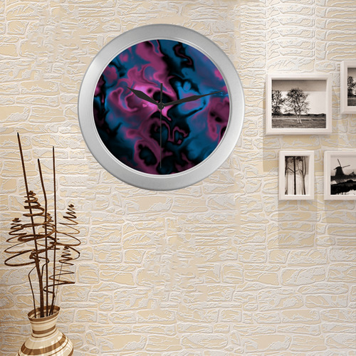 pink blue and black abstract Silver Color Wall Clock