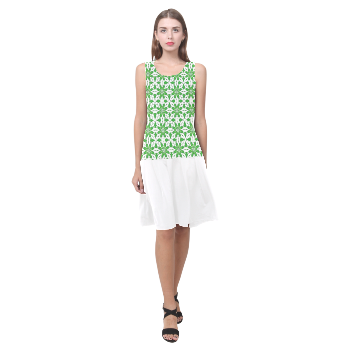 Green and White Floral Sleeveless Splicing Shift Dress(Model D17)