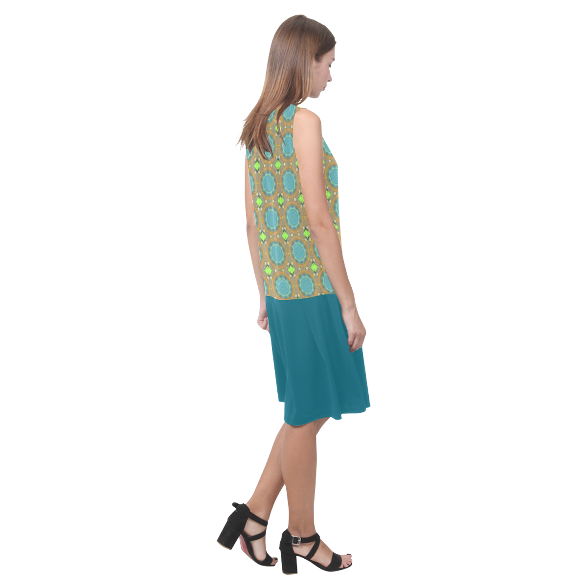 Amber Teal and Ocean Depths Sleeveless Splicing Shift Dress(Model D17)