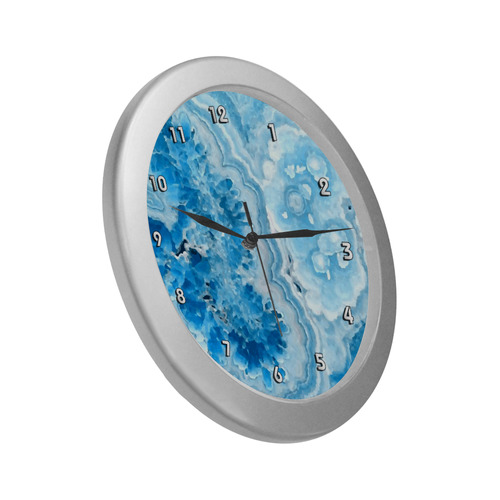 Blue Aqua Geode Nature Fine Art Silver Color Wall Clock