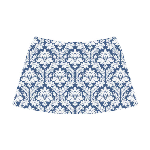 damask pattern navy blue and white Mnemosyne Women's Crepe Skirt (Model D16)