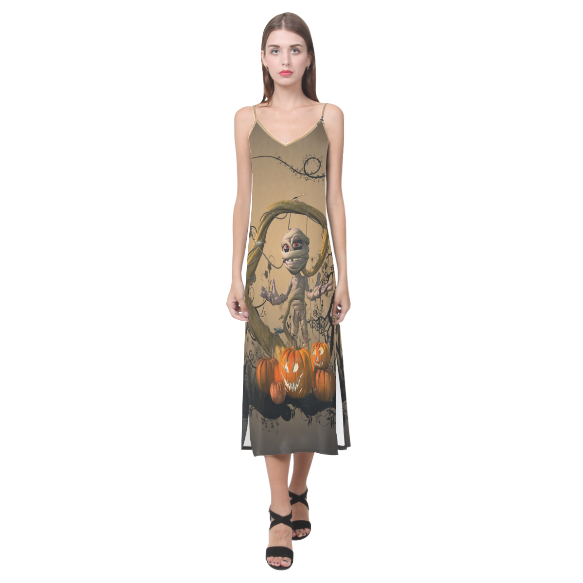 Funny mummy with pumpkins V-Neck Open Fork Long Dress(Model D18)