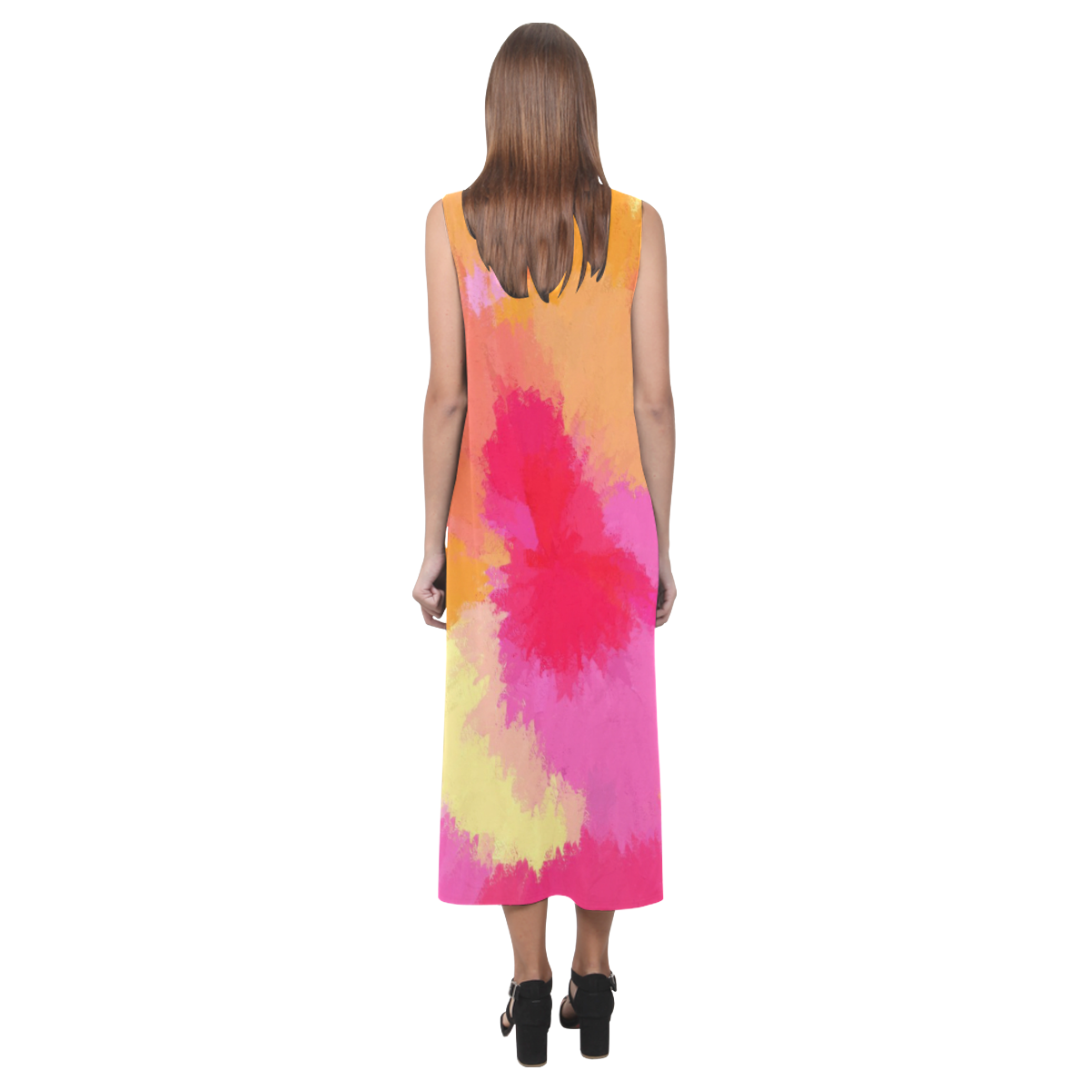 Pink, Orange and Yellow Watercolors Phaedra Sleeveless Open Fork Long Dress (Model D08)