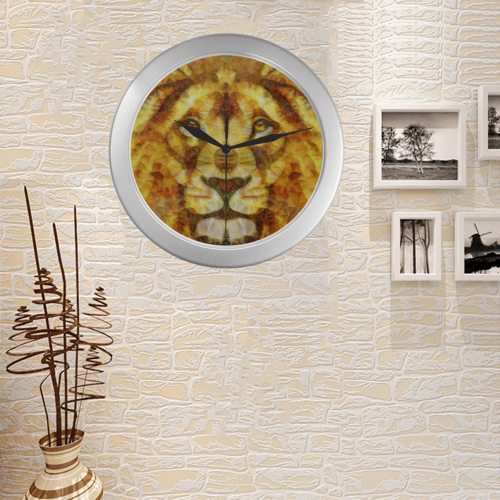 lion Silver Color Wall Clock