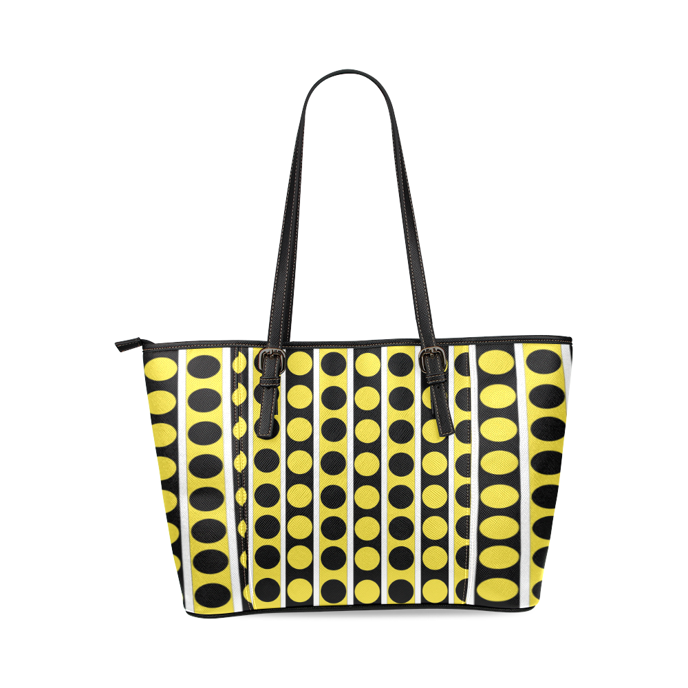 Black, White, Yellow Stripes and Circles Leather Tote Bag/Small (Model 1640)