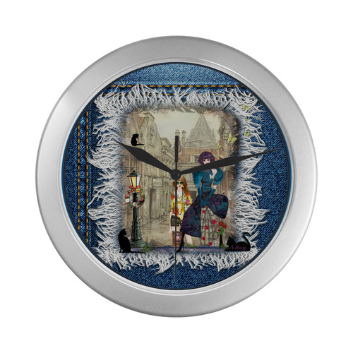 Trendy yeans with Anton Pieck & modern fashion Silver Color Wall Clock