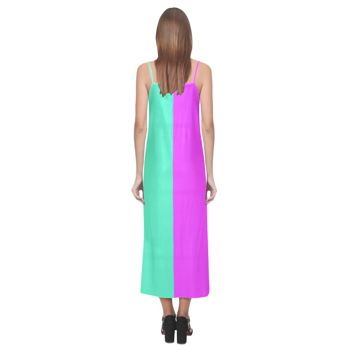 Only two Colors: Pink - Light Ocean Green V-Neck Open Fork Long Dress(Model D18)