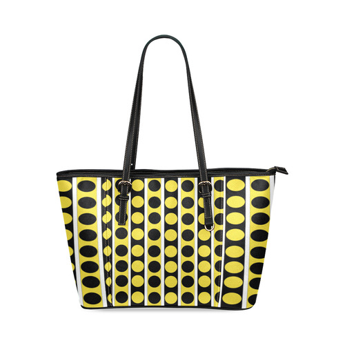 Black, White, Yellow Stripes and Circles Leather Tote Bag/Small (Model 1640)