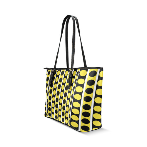 Black, White, Yellow Stripes and Circles Leather Tote Bag/Small (Model 1640)