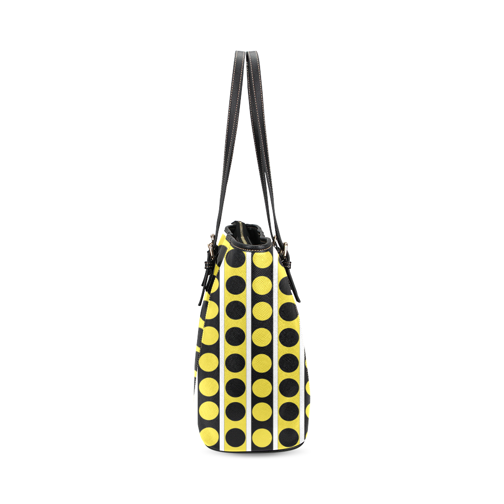 Black, White, Yellow Stripes and Circles Leather Tote Bag/Small (Model 1640)