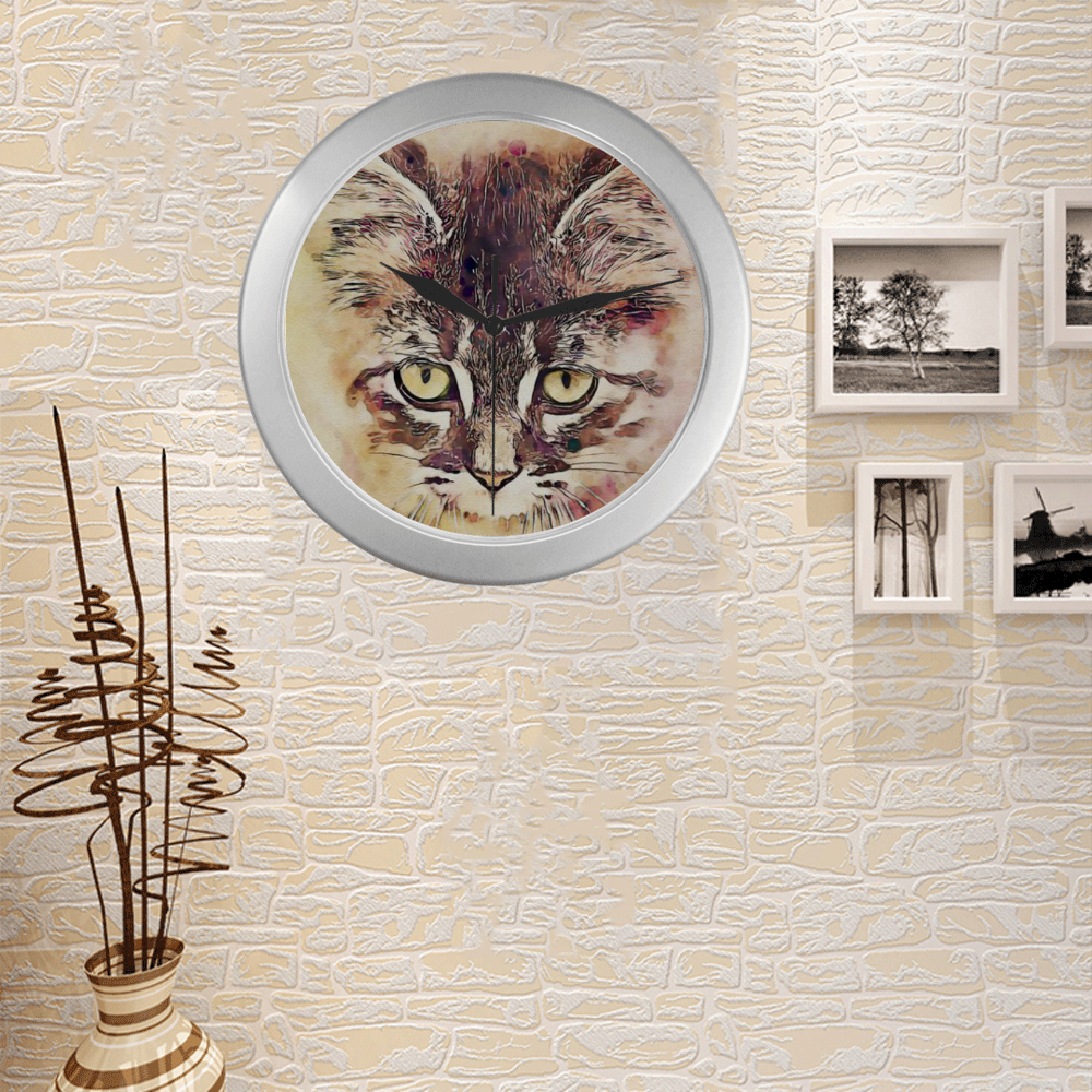 watercolor cat Silver Color Wall Clock
