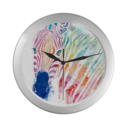 watercolor rainbow zebra Silver Color Wall Clock