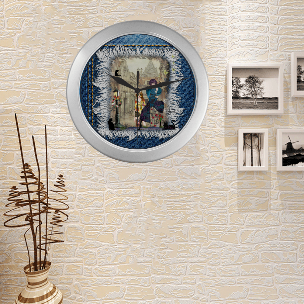 Trendy yeans with Anton Pieck & modern fashion Silver Color Wall Clock