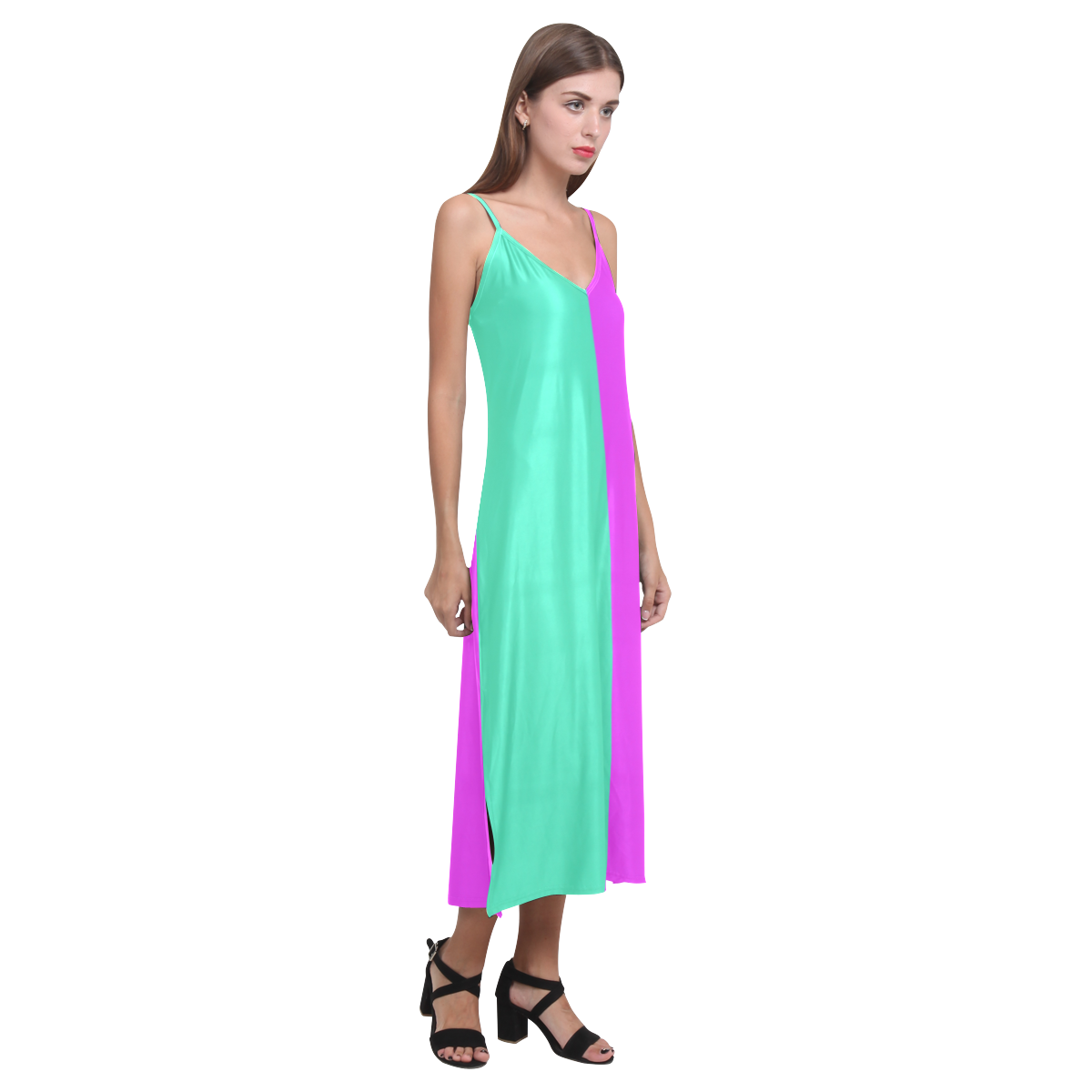 Only two Colors: Pink - Light Ocean Green V-Neck Open Fork Long Dress(Model D18)