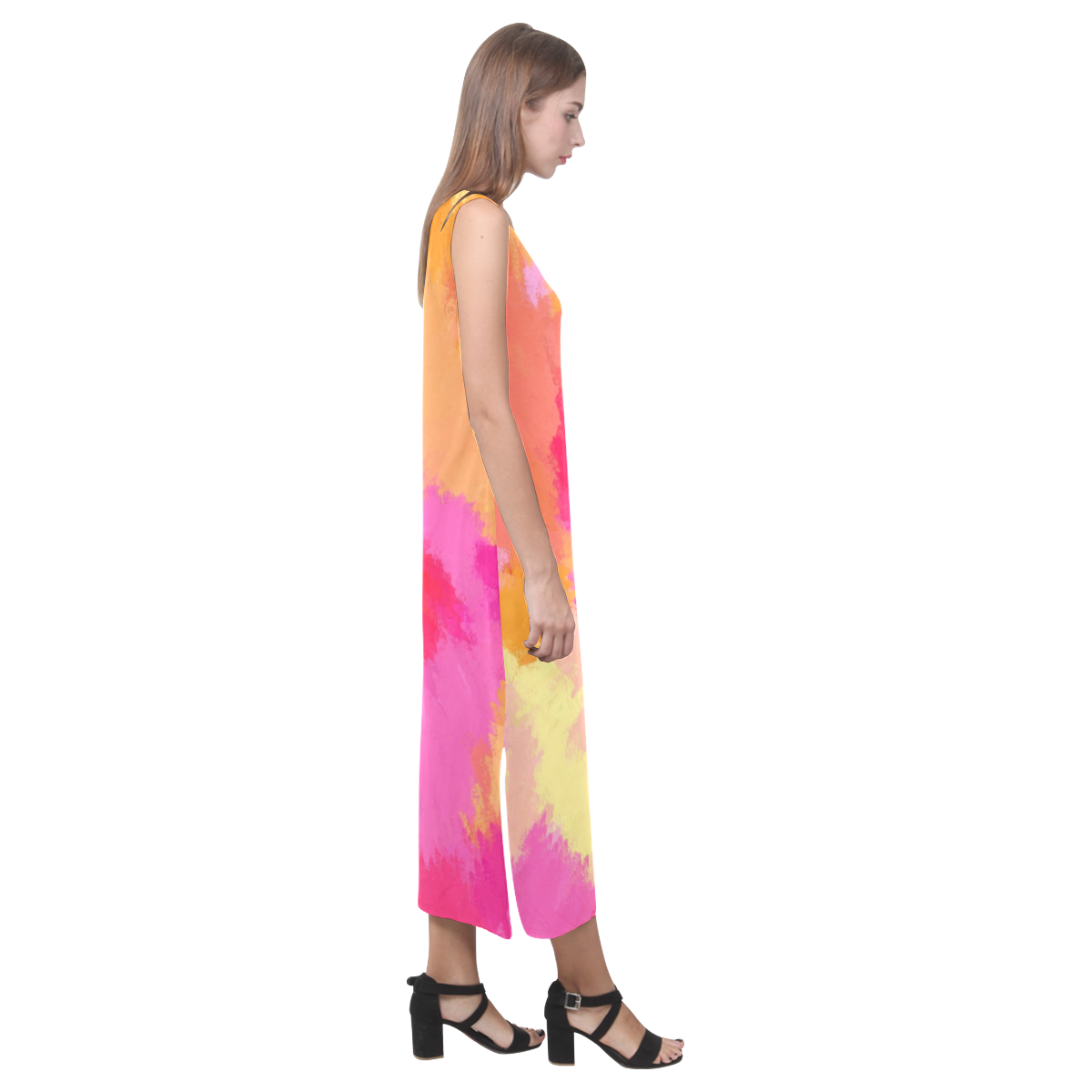 Pink, Orange and Yellow Watercolors Phaedra Sleeveless Open Fork Long Dress (Model D08)