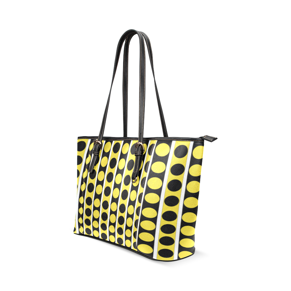 Black, White, Yellow Stripes and Circles Leather Tote Bag/Small (Model 1640)