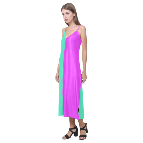 Only two Colors: Pink - Light Ocean Green V-Neck Open Fork Long Dress(Model D18)