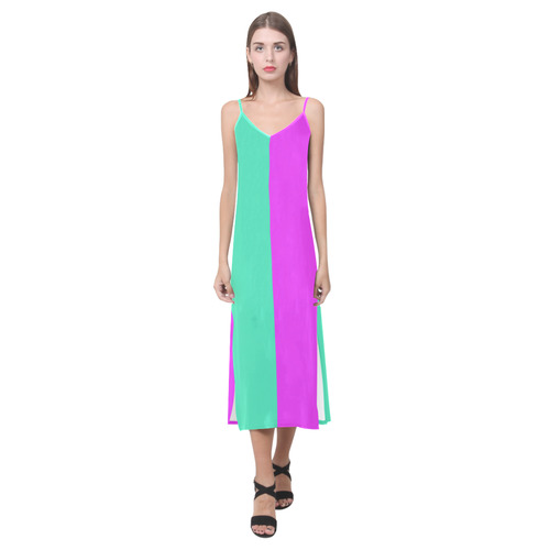 Only two Colors: Pink - Light Ocean Green V-Neck Open Fork Long Dress(Model D18)