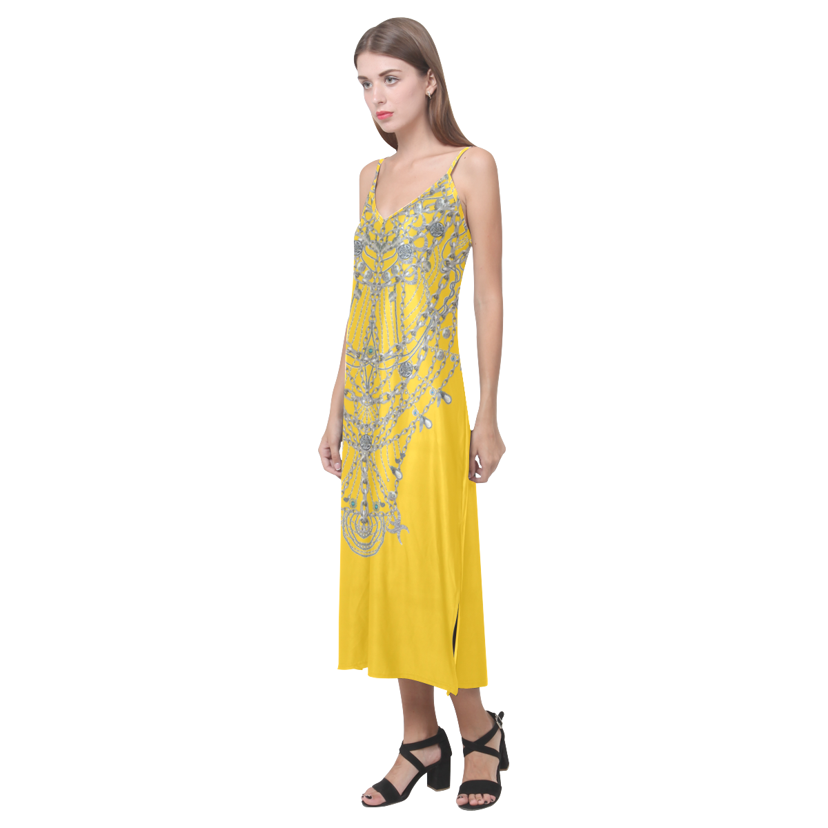 chains V-Neck Open Fork Long Dress(Model D18)