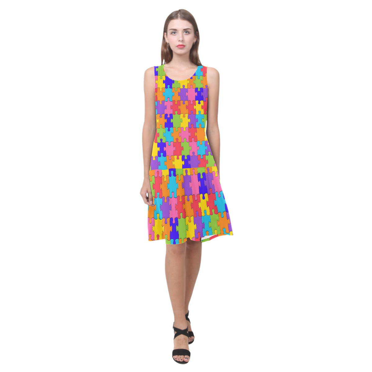 Multicolored Jigsaw Puzzle Sleeveless Splicing Shift Dress(Model D17)