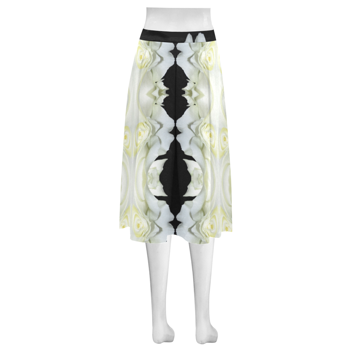 White Roses Abstract on Black Mnemosyne Women's Crepe Skirt (Model D16)