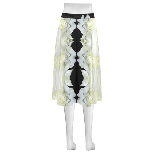 White Roses Abstract on Black Mnemosyne Women's Crepe Skirt (Model D16)