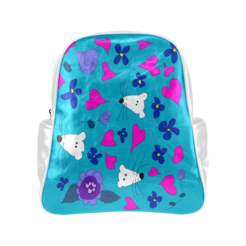 White Mice Pink Hearts Floral Art Kids Multi-Pockets Backpack (Model 1636)