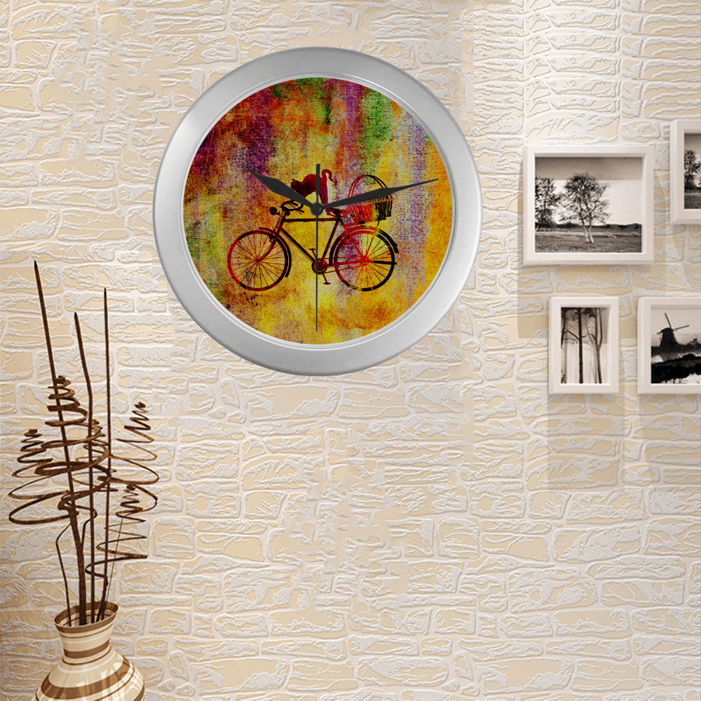 Cat and Bicycle Silver Color Wall Clock
