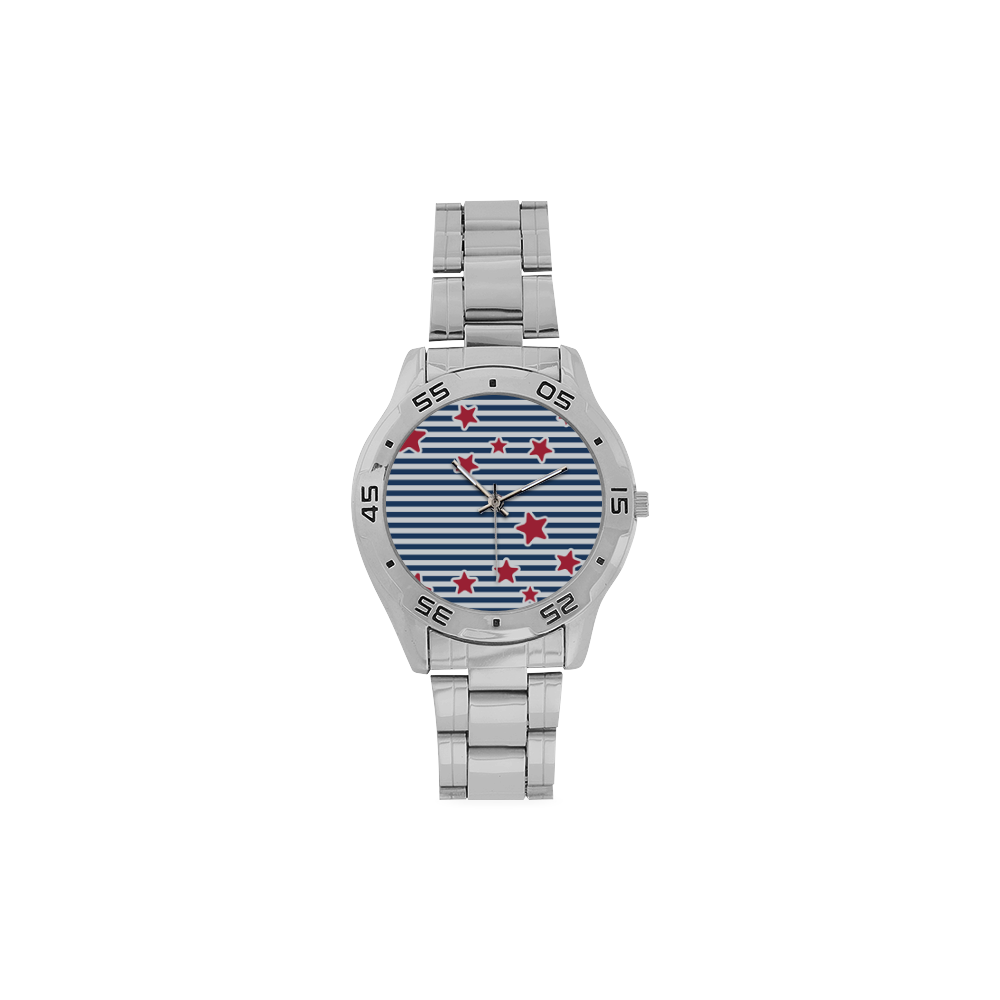 Blue, Red and White Stars and Stripes Men's Stainless Steel Analog Watch(Model 108)