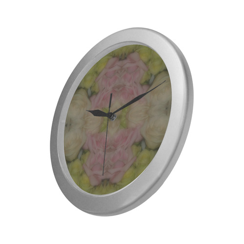 Soft Bouquet of Cream Yellow and Pink Roses Silver Color Wall Clock