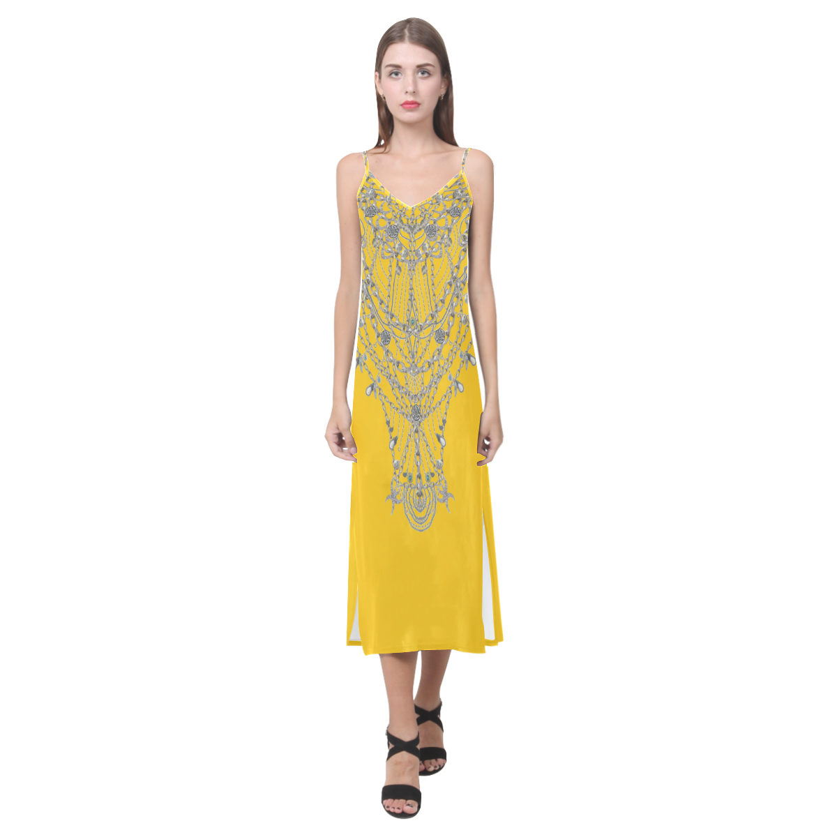 chains V-Neck Open Fork Long Dress(Model D18)