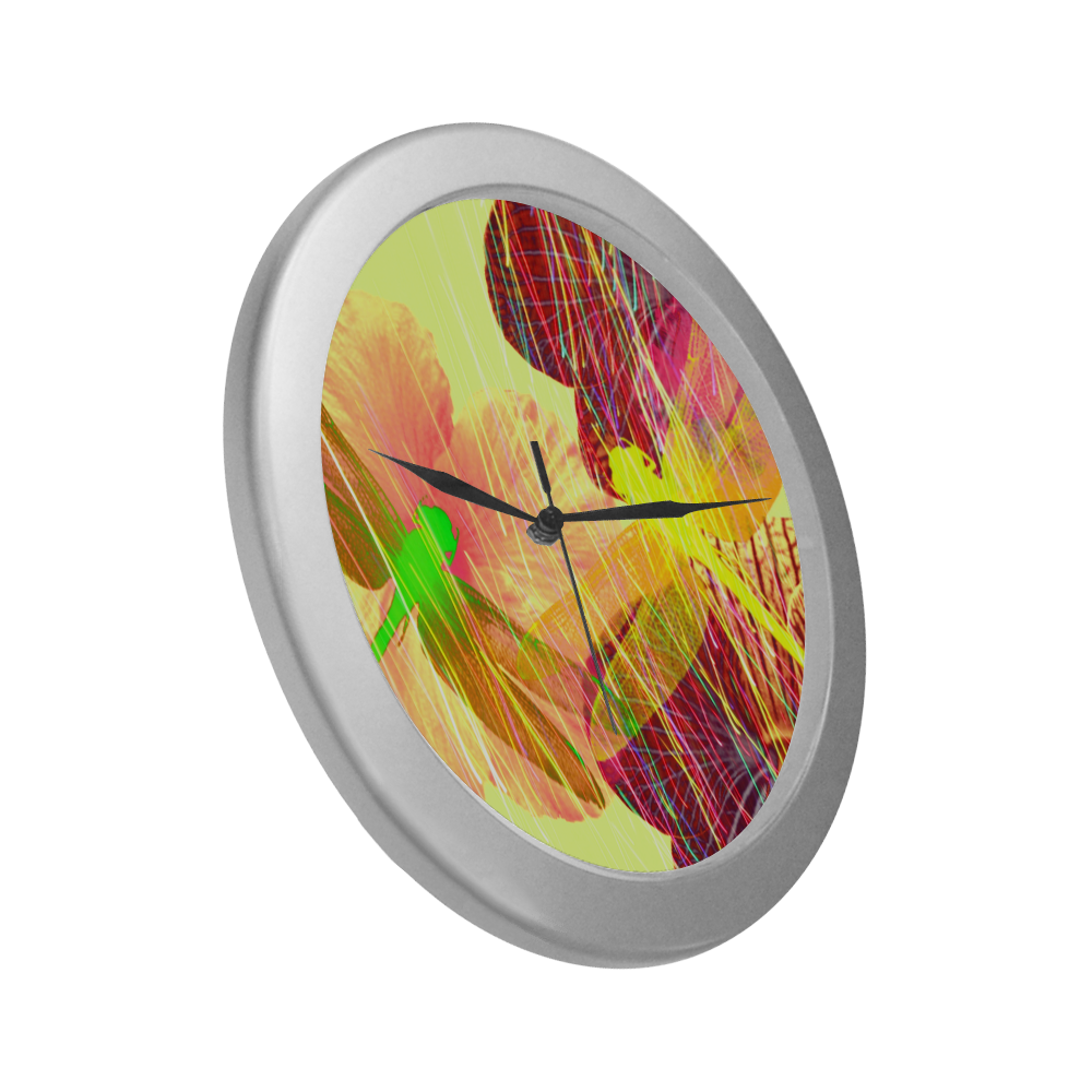 Dragonflies & Flowers Summer Silver Color Wall Clock