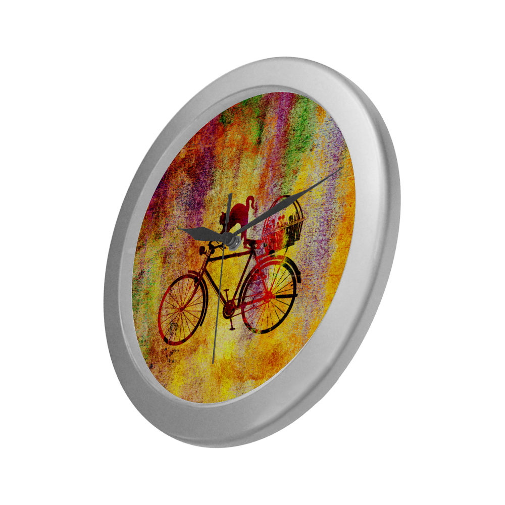 Cat and Bicycle Silver Color Wall Clock