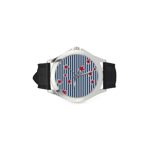 Blue, Red and White Stars and Stripes Women's Classic Leather Strap Watch(Model 203)