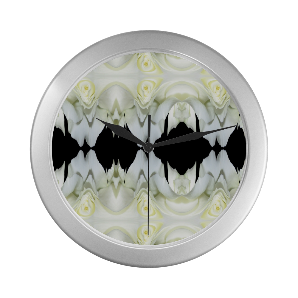 White Roses Abstract on Black Silver Color Wall Clock