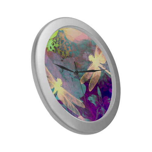 Dragonflies and Orchids Silver Color Wall Clock